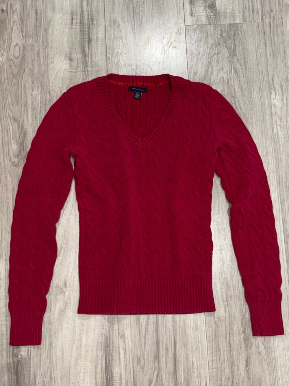 Vintage Y2K Tommy Hilfiger Red Cable Knit Preppy Sweater S